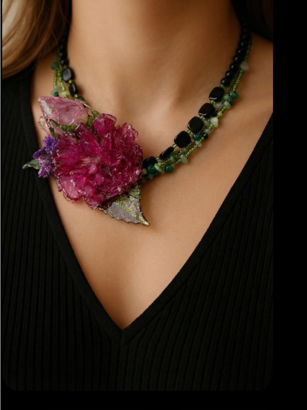 Floral Statement Necklace in Pink and Green - Designer Style - Picture 3 of 3